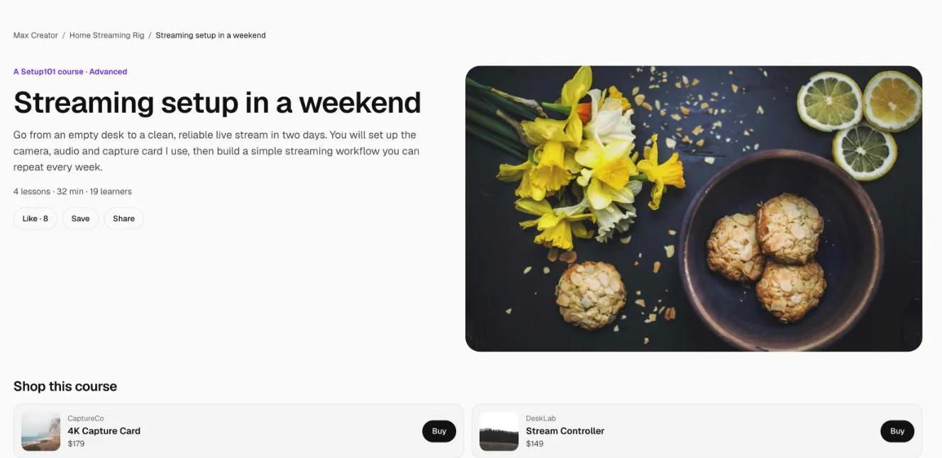 A published 101 Course page: the course name, a short description, lesson count and learners, Like, Save and Share buttons, and a Shop this course list of products