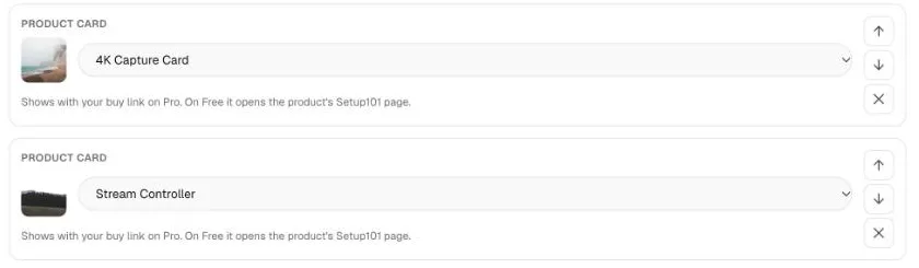 Two product card blocks in the lesson editor, each with a product picked from your products list